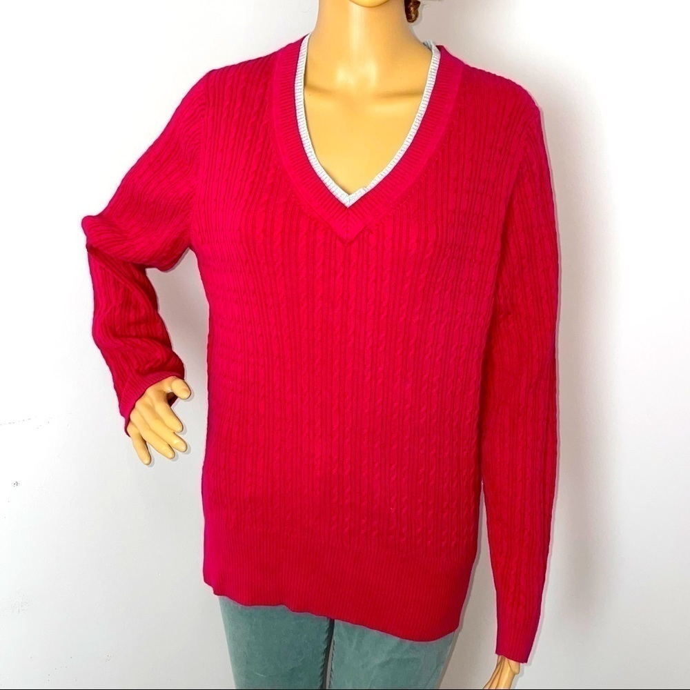Tommy Hilfiger Women’s Cable Knit V-Neck Sweater – Size XL (Fits Like Medium)